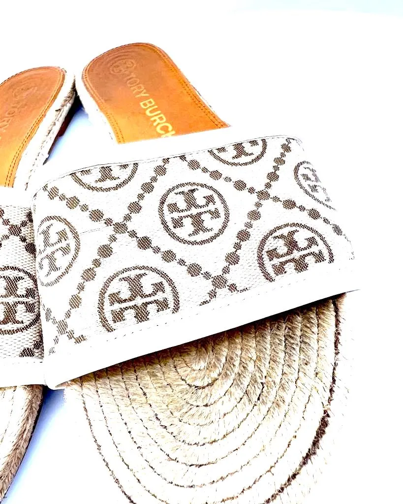 TORY BURCH BEIGE T MONOGRAM WOVEN SLIDES