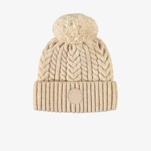 Tuque en tricot crème avec pompon, bébé || Cream knitted toque with a pompom, baby