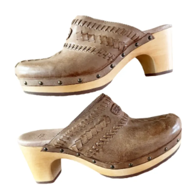 UGG Vivica Brown Woven Leather Sherpa Clogs
