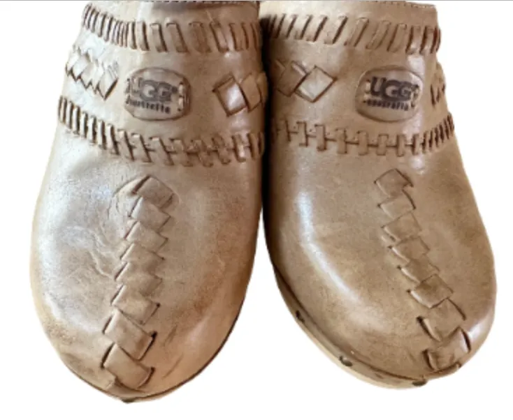 UGG Vivica Brown Woven Leather Sherpa Clogs