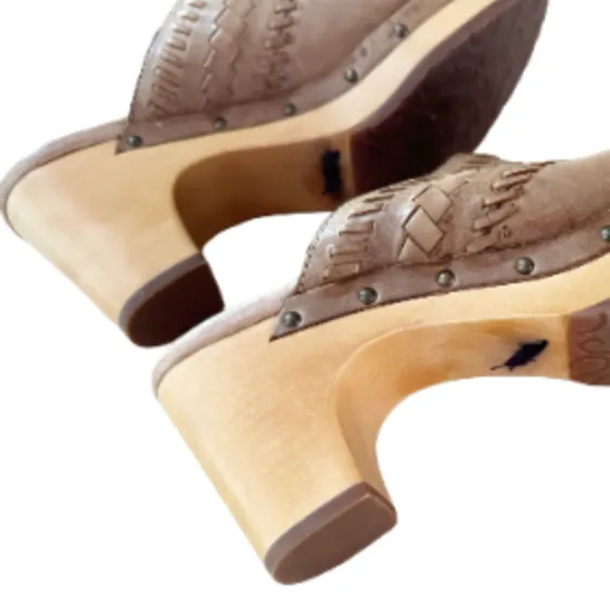 UGG Vivica Brown Woven Leather Sherpa Clogs