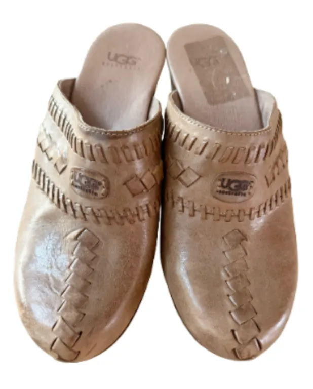 UGG Vivica Brown Woven Leather Sherpa Clogs