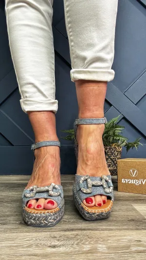 Viguera Denim Diamante Bow Wedge Espadrille