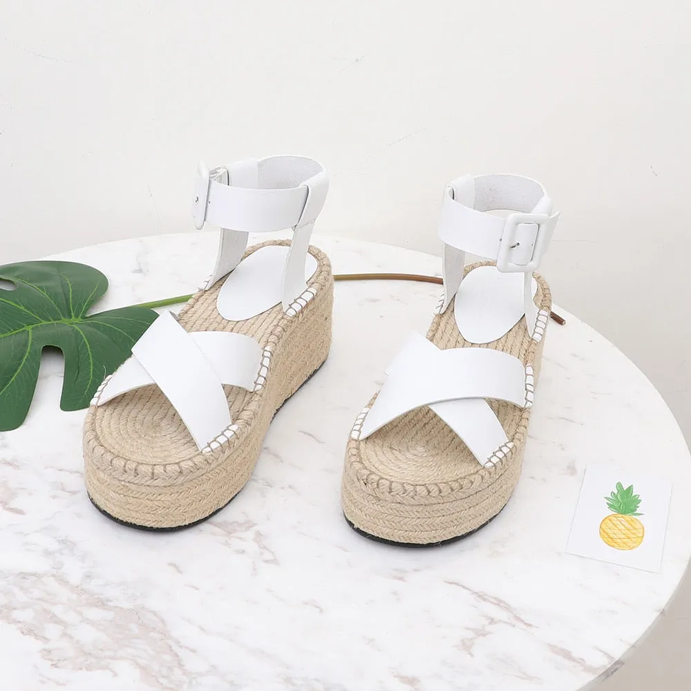 Wedge Sandals Leather Summer Platform Hemp Espadrilles Sandals