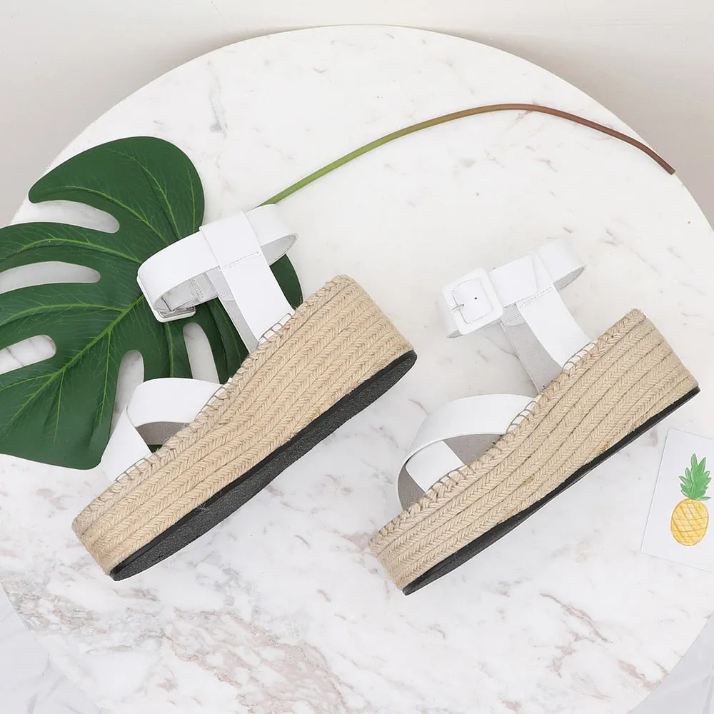 Wedge Sandals Leather Summer Platform Hemp Espadrilles Sandals