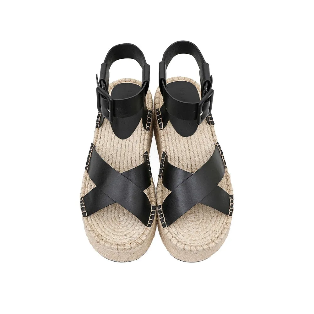 Wedge Sandals Leather Summer Platform Hemp Espadrilles Sandals