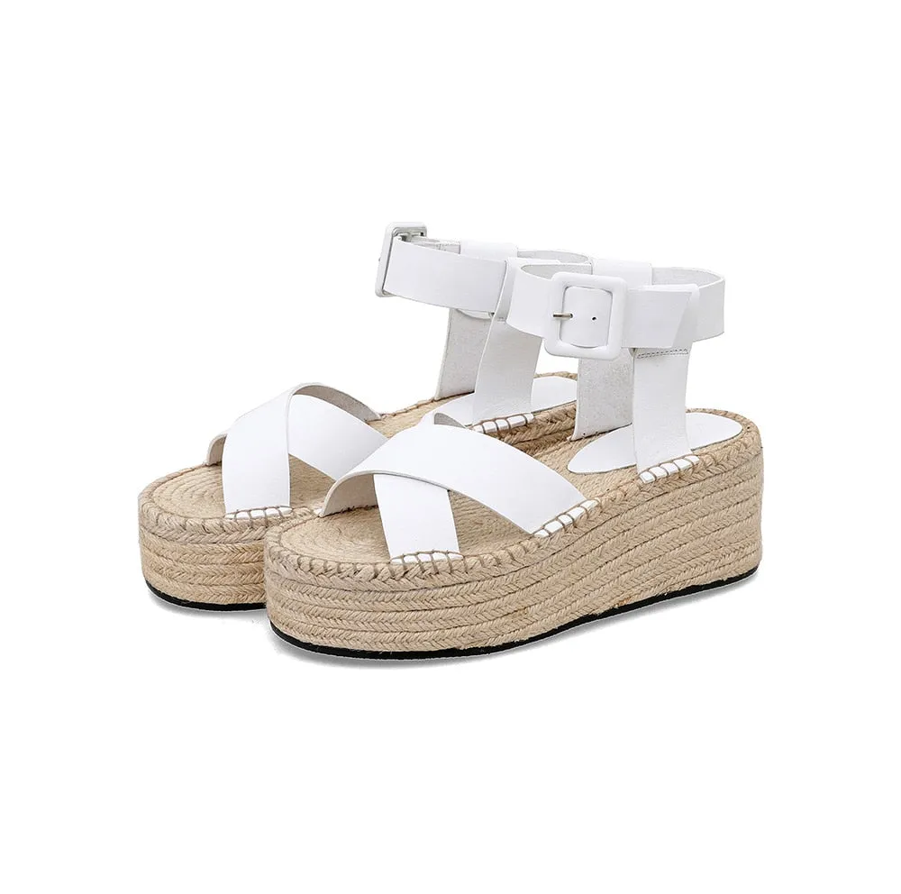 Wedge Sandals Leather Summer Platform Hemp Espadrilles Sandals