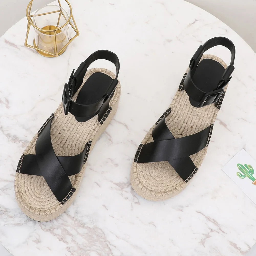Wedge Sandals Leather Summer Platform Hemp Espadrilles Sandals
