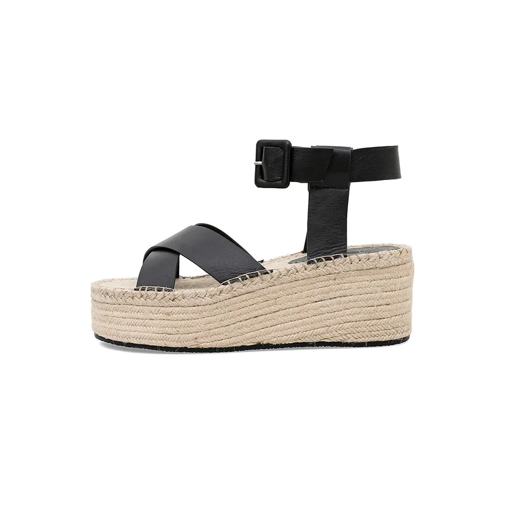 Wedge Sandals Leather Summer Platform Hemp Espadrilles Sandals