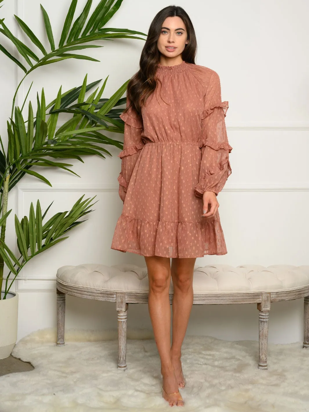 WOMEN'S LONG SLEEVE WOVEN MINI DRESS