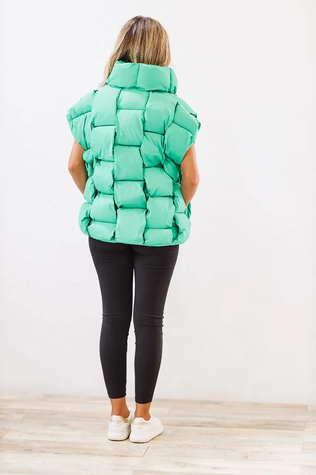 Woven Checks Puffer Vest - Kelly Green