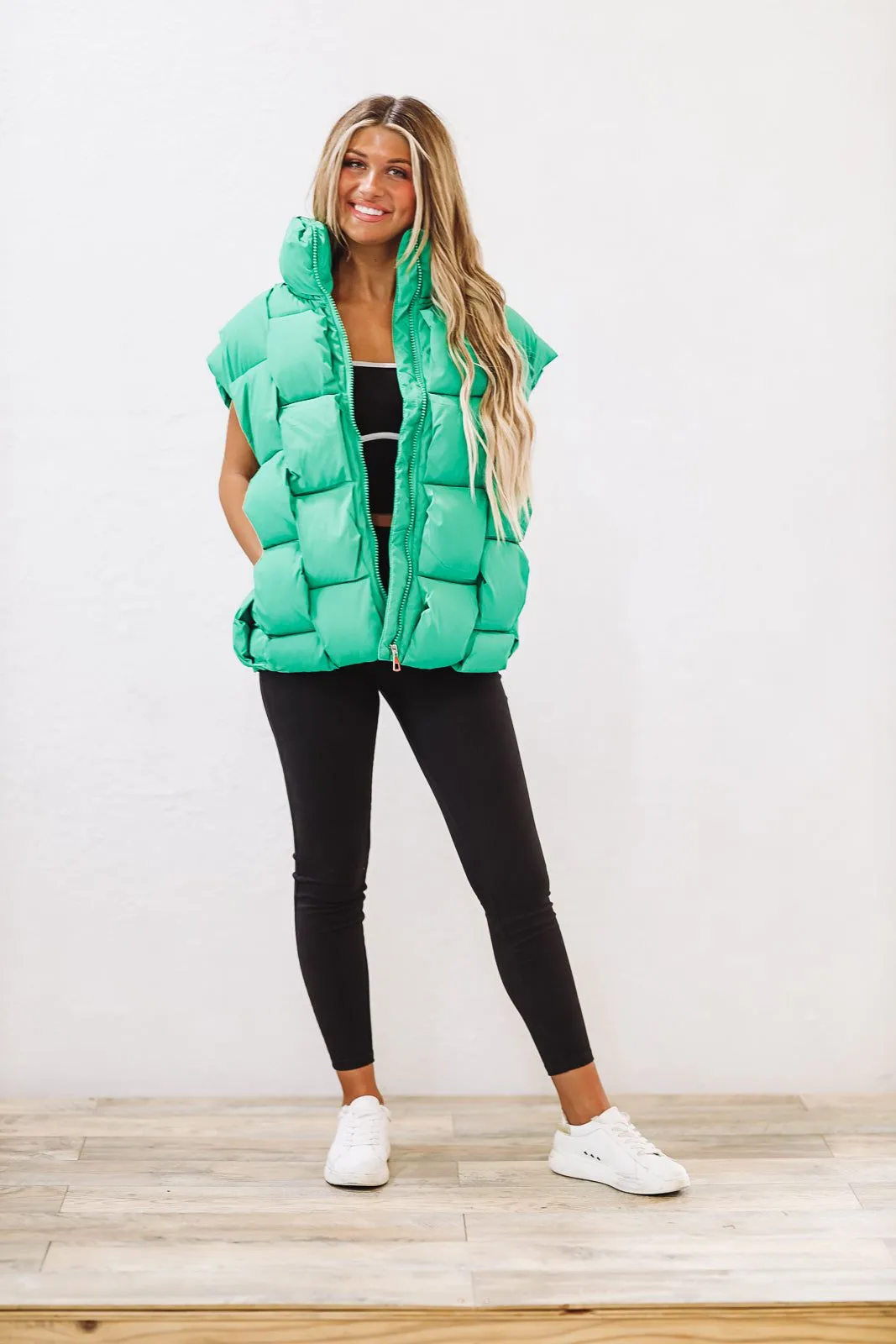 Woven Checks Puffer Vest - Kelly Green