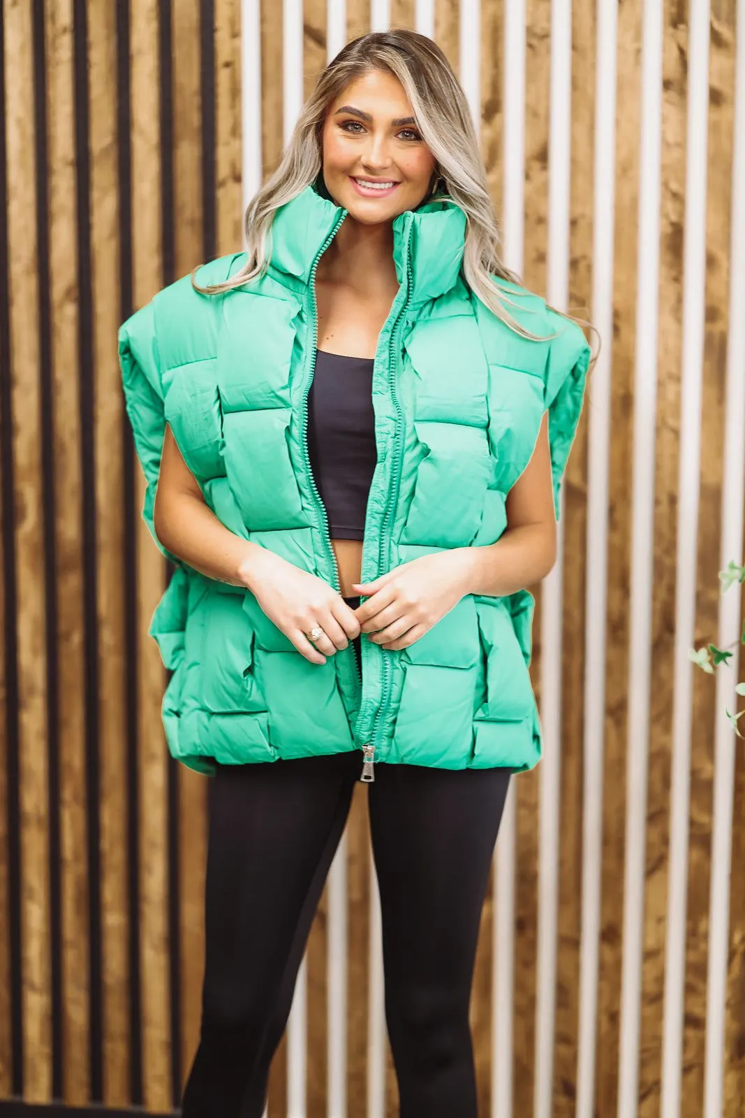 Woven Checks Puffer Vest - Kelly Green
