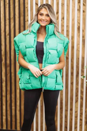 Woven Checks Puffer Vest - Kelly Green